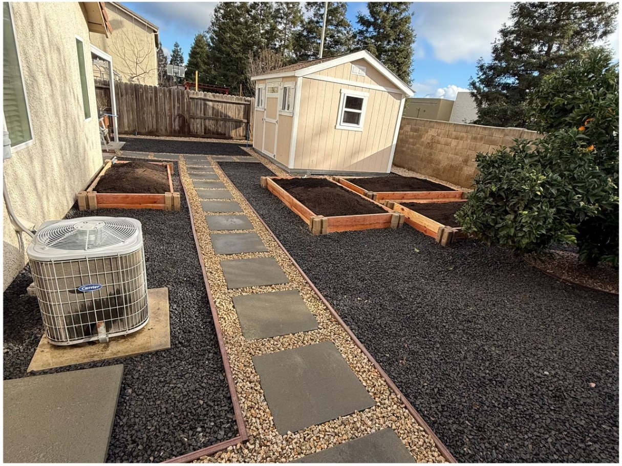 Gravel garden with raised beds — after